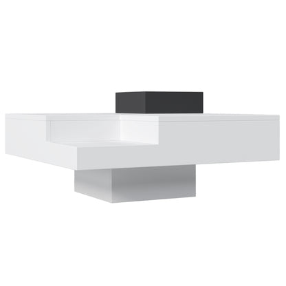Couchtisch, Hochglanz-Wohnzimmertisch, Beistelltisch mit abnehmbarer Aufbewahrungsbox, Farbblockweiß und Schwarz, 72*72*30 cm, Mit LED-Lichteffekt