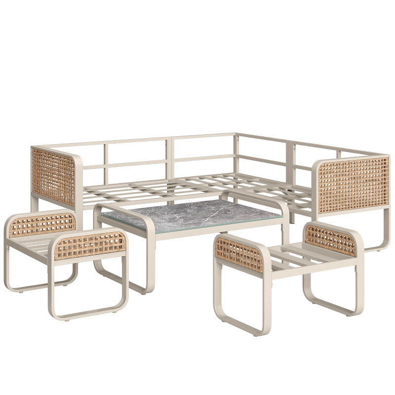 Garten-Lounge-Set, Rattan-Möbel-Set für 6-7 Personen, Ecksofa mit verzinktem Eisengestell, verstellbare Beine, inklusive aller Sitz- und Rückenkissen, beige