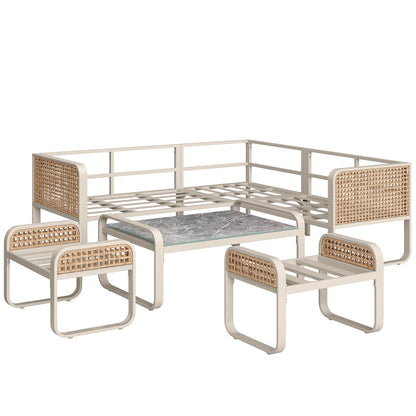 Garten-Lounge-Set, Rattan-Möbel-Set für 6-7 Personen, Ecksofa mit verzinktem Eisengestell, verstellbare Beine, inklusive aller Sitz- und Rückenkissen, beige