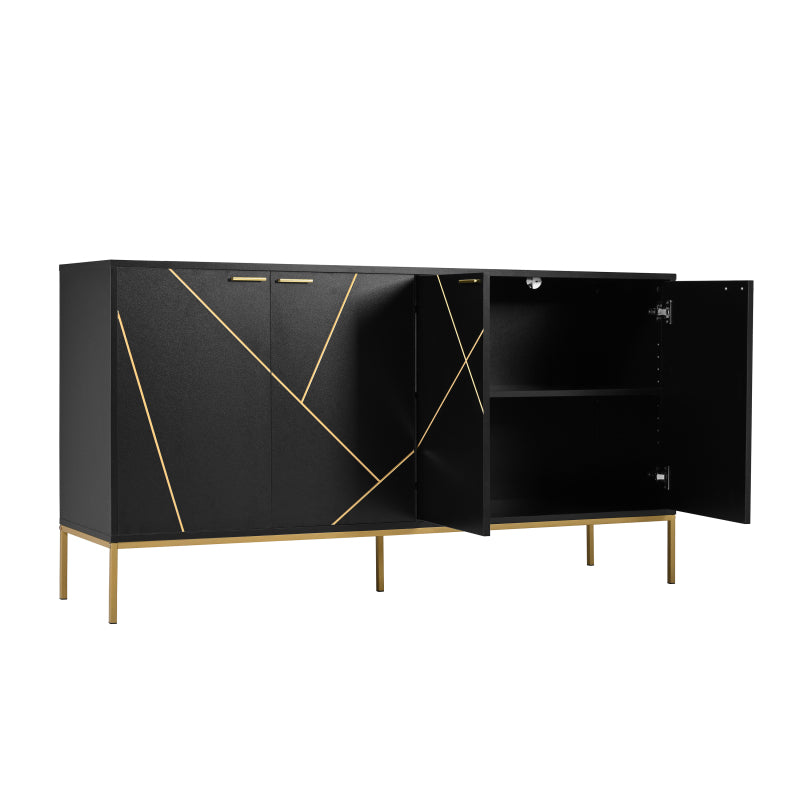 Sideboard mit vier Türen, Metallfüßen, TV-Schrank, Kleiderschrank,  geradliniges Design mit Metalllinien-Dekor, Schwarz+Golden