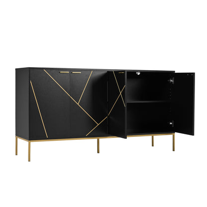 Sideboard mit vier Türen, Metallfüßen, TV-Schrank, Kleiderschrank,  geradliniges Design mit Metalllinien-Dekor, Schwarz+Golden