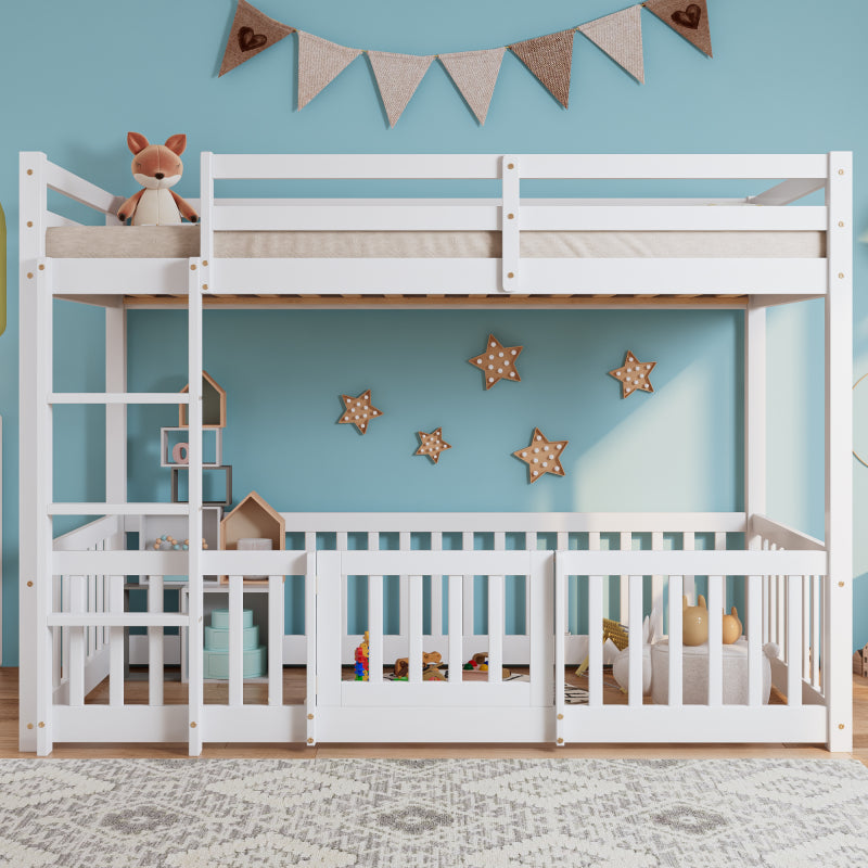 Etagenbett mit rechtwinkliger Treppe, Bett mit Zäune und Türchen, Kinderbett mit Fallschutz und Gitter, Massivholz, weiß (200x90cm)