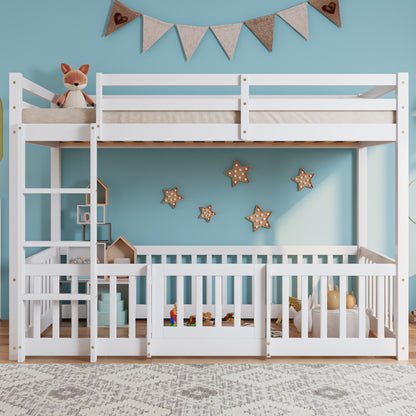 Etagenbett mit rechtwinkliger Treppe, Bett mit Zäune und Türchen, Kinderbett mit Fallschutz und Gitter, Massivholz, weiß (200x90cm)