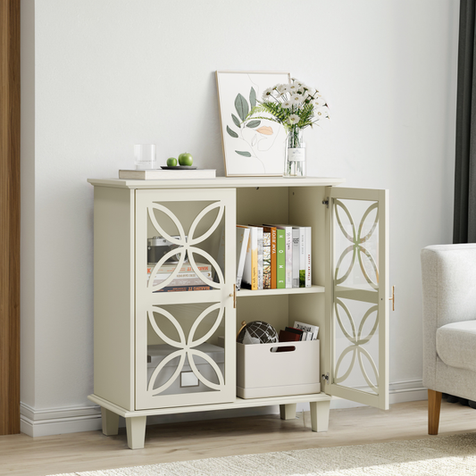 Sideboard mit Glastüren und verstellbaren Böden, freistehender Aufbewahrungsschrank im Retro-Stil, 2-türig, für Bad & Küche, Creme