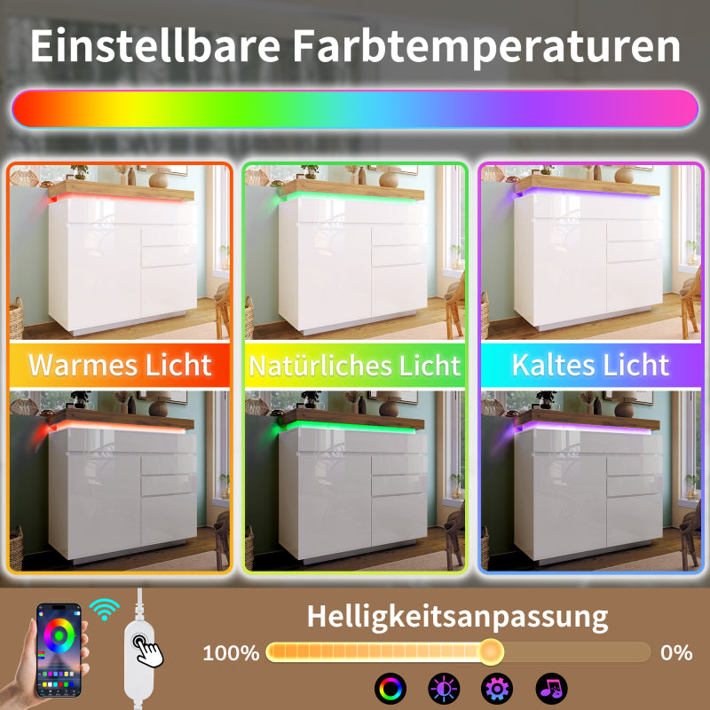 Kommode, Hochglanz Sideboard mit 2 Türen und 3 Schubladen, LED Beleuchtung (App Control), Mehrzweckschrank für Wohnzimmer und Schlafzimmer, 115 x 110 x 39 cm, Weiß