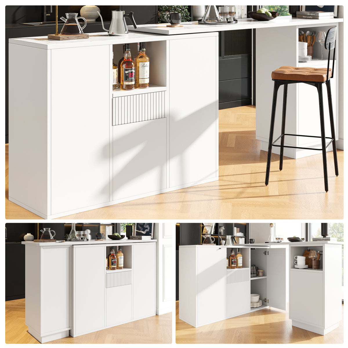 360° Drehbarer Bartisch 210cm L-Form Kücheninsel mit Marmor-Optik Arbeitsplatte, Moderner Tresen & Aufbewahrungsschrank Weiß, Sideboard