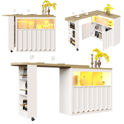 Ausziehbarer Bartisch 135-205cm mit LED & USB, Mobiler Hochtisch Weiß, Teleskop-Kücheninsel mit Glas-Schiebetür & Soft-Close, Gestreift