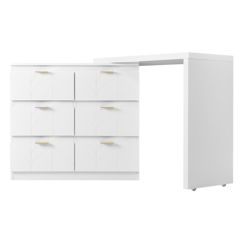 Schminktisch mit Beistelltisch,Bürotisch mit 6 Schubladen,Vergoldeten Griffen,drehbare Tischplatte(180°),lackiert,Blumenmuster,stoßfeste abgerundete Ecken,40T*73H,Weiß (ohne Spiegel und Hocker)