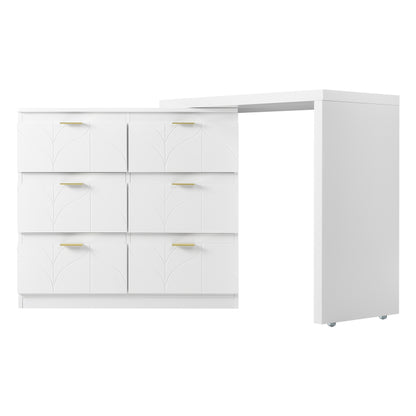 Schminktisch mit Beistelltisch,Bürotisch mit 6 Schubladen,Vergoldeten Griffen,drehbare Tischplatte(180°),lackiert,Blumenmuster,stoßfeste abgerundete Ecken,40T*73H,Weiß (ohne Spiegel und Hocker)