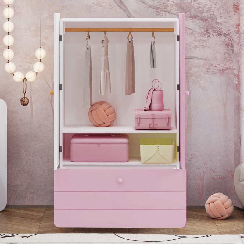 Geräumiger Kleiderschrank mit minimalistischen Linien und zarten holzfarbenen Füßen mit Staufächern, Schubladen und Kleiderbügeln, Farbblock-Design, Rosa