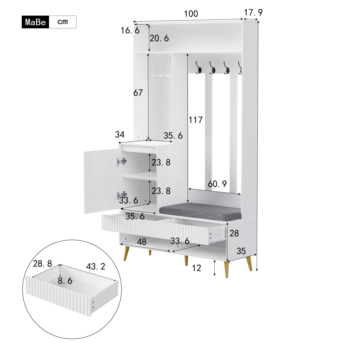 Garderoben-Set mit Schuhbank, Wandgarderobe mit 4 Haken, 2 Schubladen & Schranktür, MDF, Weiß, 100×35×180 cm