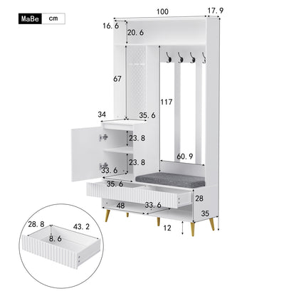 Garderoben-Set mit Schuhbank, Wandgarderobe mit 4 Haken, 2 Schubladen & Schranktür, MDF, Weiß, 100×35×180 cm