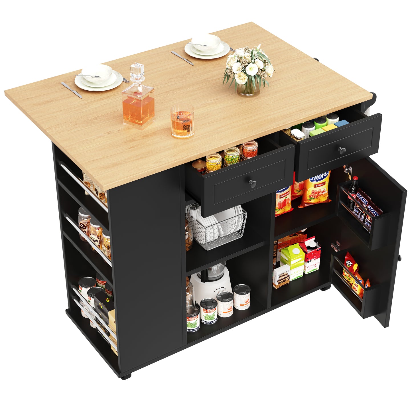 Kücheninsel mit Arbeitsplatte Küchenschrank Schwarz Esszimmerwagen mit Snackhalter und Weinglasregal Buffetschrank Trennwände Holzmaserung