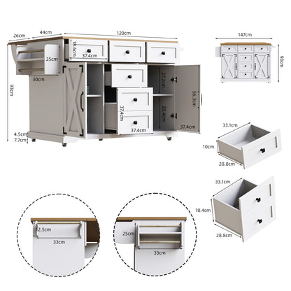 Kücheninsel 147cm klappbar Servierwagen Weiß & Holzoptik, Multifunktionaler Esstisch & Buffetschrank, Mobiler Küchenwagen mit Stauraum