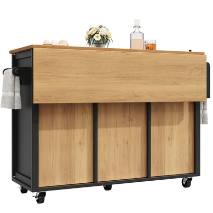 Kücheninsel Küchenwagen auf Rollen 120x73x93cm ausziehbarer Küchenschrank Buffetschrank mit Gewürzregal Handtuchhalter 2 Türen 4 Schubladen Schwarz