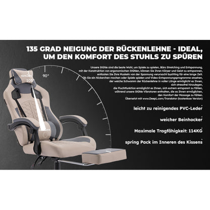 Gaming Stuhl, Ergonomischer Gaming-Stuhl mit Fußstütze, Racing Gaming Chair Kopfstütze Verstellbarer Computerstuhl Höhenverstellbar Lendenwirbelstütze für Homeoffice und Gaming Beige