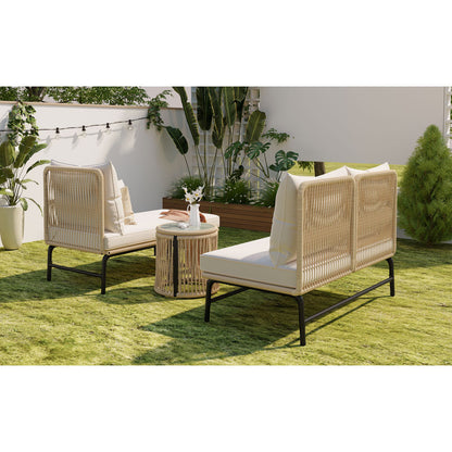 Gartenlounge-Set, Gartenmöbel-Set, Gartenlounge mit Eisengestell und beigem Seilbezug, Gartenmöbel aus gewebtem Seil für den Außenbereich, L-förmiges Gesprächsset mit Tisch, Beige