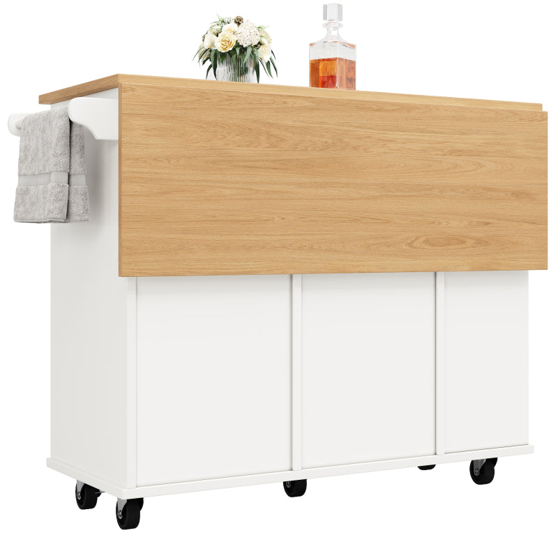 Kücheninsel mit herausnehmbaren Trennwänden, Küchenschrank, Esszimmerwagen mit Arbeitsplatte, Buffetschrank, Esszimmerwagen mit Holzmaserung, ausgestattet mit Snackhalter und Weinglasregal, weiß