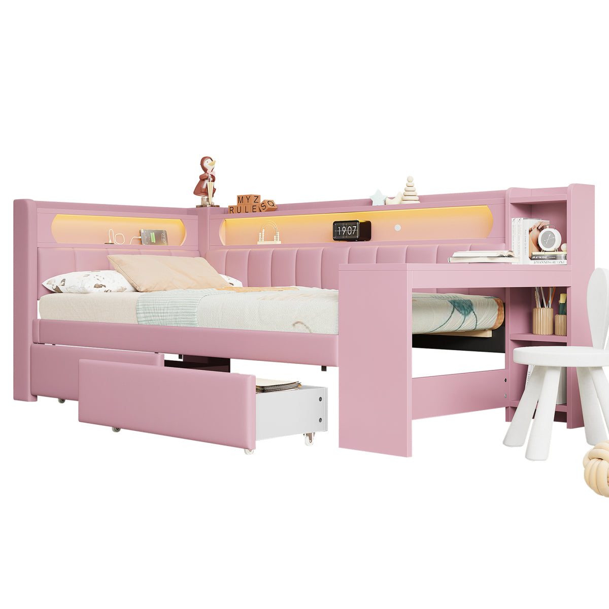 Daybed 90x200, Rosa, USB, LED-Beleuchtung, Schreibtisch & 2 Schubladen
