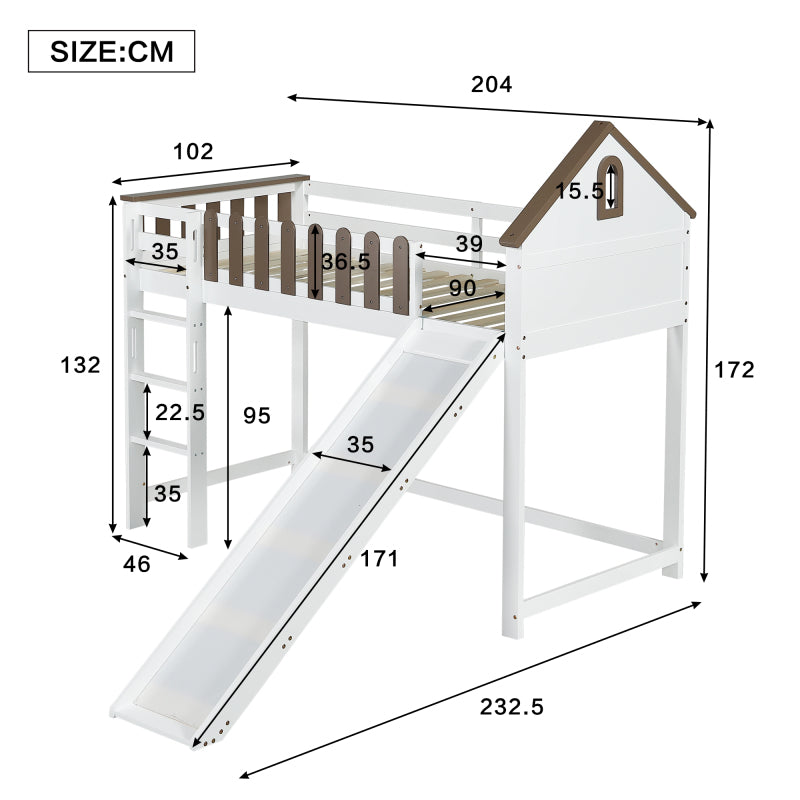 Hochbett, Mit Dach und Fenster, Mit dreistufiger gerader Leiter, Jugendbett, Kinderbett mit Rutsche,  Kiefer+MDF, Weiß+Walnuss, 90x200cm