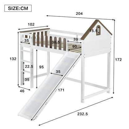 Hochbett, Mit Dach und Fenster, Mit dreistufiger gerader Leiter, Jugendbett, Kinderbett mit Rutsche,  Kiefer+MDF, Weiß+Walnuss, 90x200cm