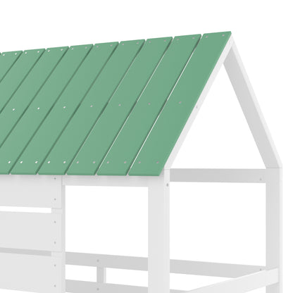 90X200 Haus-Etagenbett mit Rutsche und 2 Schubladen, Weiß+Grün