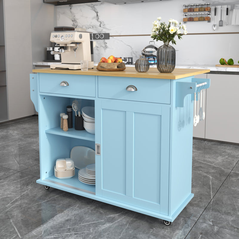 Esswagen/Anrichte, 112x40(70)x94 cm, Blau, Klappbare Massivholzoptik-Arbeitsplatte, mit Ablagetür, Rollen & Auswechselbaren Massivholzfüßen, für Küche & Esszimmer