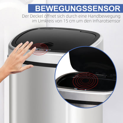 Mülleimer 58L automatischer Abfalleimer mit Infrarotsensor, hygienisch, groß, Edelstahl Silber