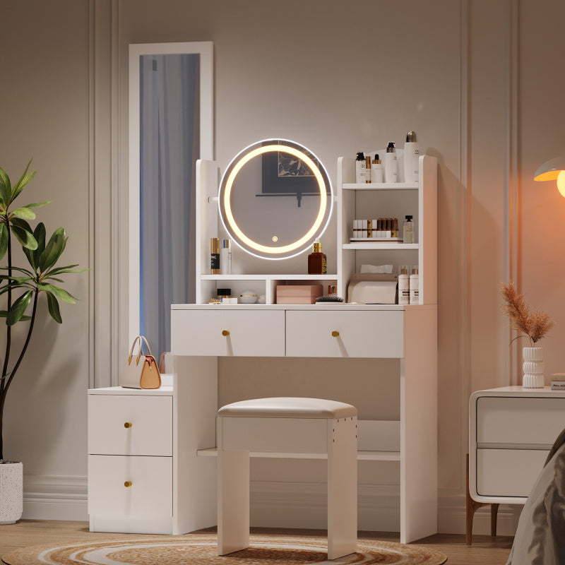 4-in-1 Schminktisch,Make-up Tisch,mit Ganzkörperspiegel und drehbarem Tischspiegel, Weiß
