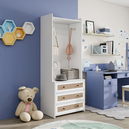 Weißer Kleiderschrank mit drei Schubladen – Garderobe mit Stauraumregal im Boho-Stil – Höhe 180 cm – ideal für Flur, Wohnzimmer, Schlafzimmer, Arbeitszimmer oder Büro.Maße:70*48*180cm