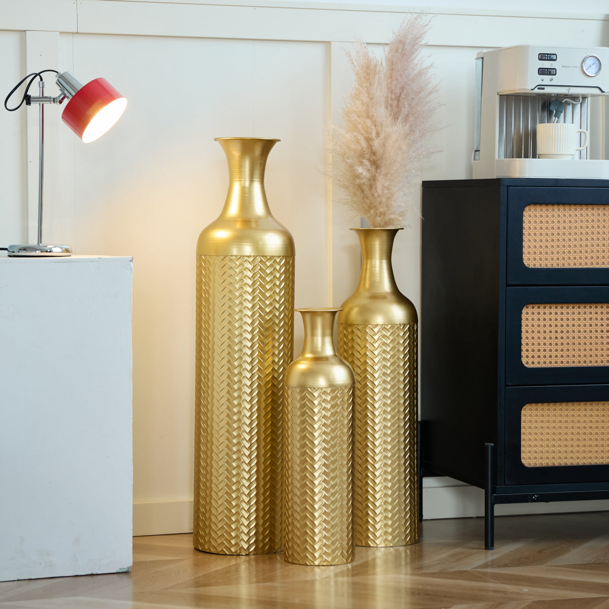 3er Set Bodenvase Metall, Gold, Retro Stil, Hohe Dekovasen 83/65/50 cm