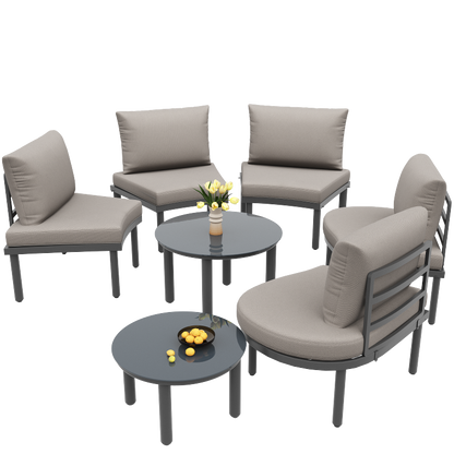 Gartenmöbel-Set (5-Sitzer), 2 Couchtische aus gehärtetem Glas, verzinkter Eisenrahmen, bequeme Gartenmöbel mit grauen Sitzpolstern und Kissen, mit verstellbaren Beinen, elegantes abgerundetes Sofa