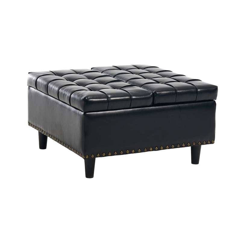 Großer quadratischer Aufbewahrungsstuhl, anhebbare Bank mit Stauraum, geeignet für Wohnzimmer Schlafzimmer Arbeitszimmer gepolsterte Aufbewahrungsbox(Black PU)