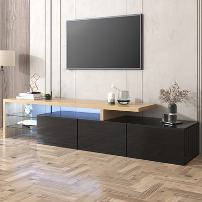 Modernes TV-Schrank-Design: Stilvolle Eleganz, praktischer Stauraum, Hochglänzendes Schwarz, Holzoptik, Glasböden, LED-Beleuchtung