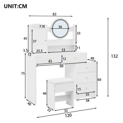 Schminktisch Weiß 90 cm mit LED Spiegel (dimmbar, 3 Farben), Frisiertisch mit 5 Schubladen & Schrank