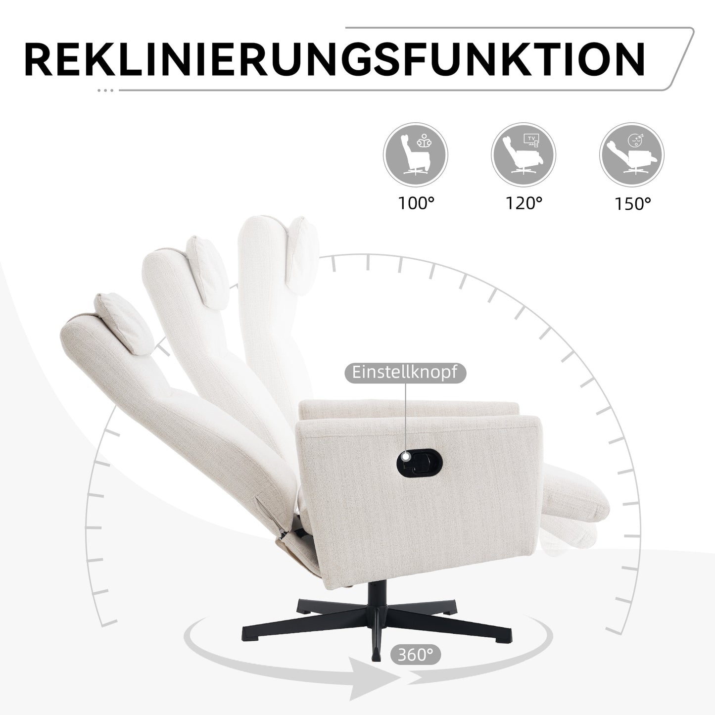 Bequemer Relaxsessel mit Liegefunktion – Chenille Fernsehsessel mit Fußstütze, drehbarer Stillsessel & Loungesessel für Wohnzimmer, modernes Sofa, Beige