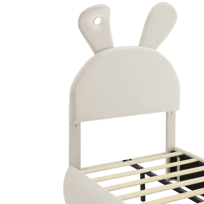 Polsterbett, Einzelbett, Hasenohren mit einstellbarer Helligkeit warmfarbenen Lichtstreifen, mit zwei Aufbewahrungshockern, Kinderbett mit Holzlatten, Samt, Beige, 90x200cm