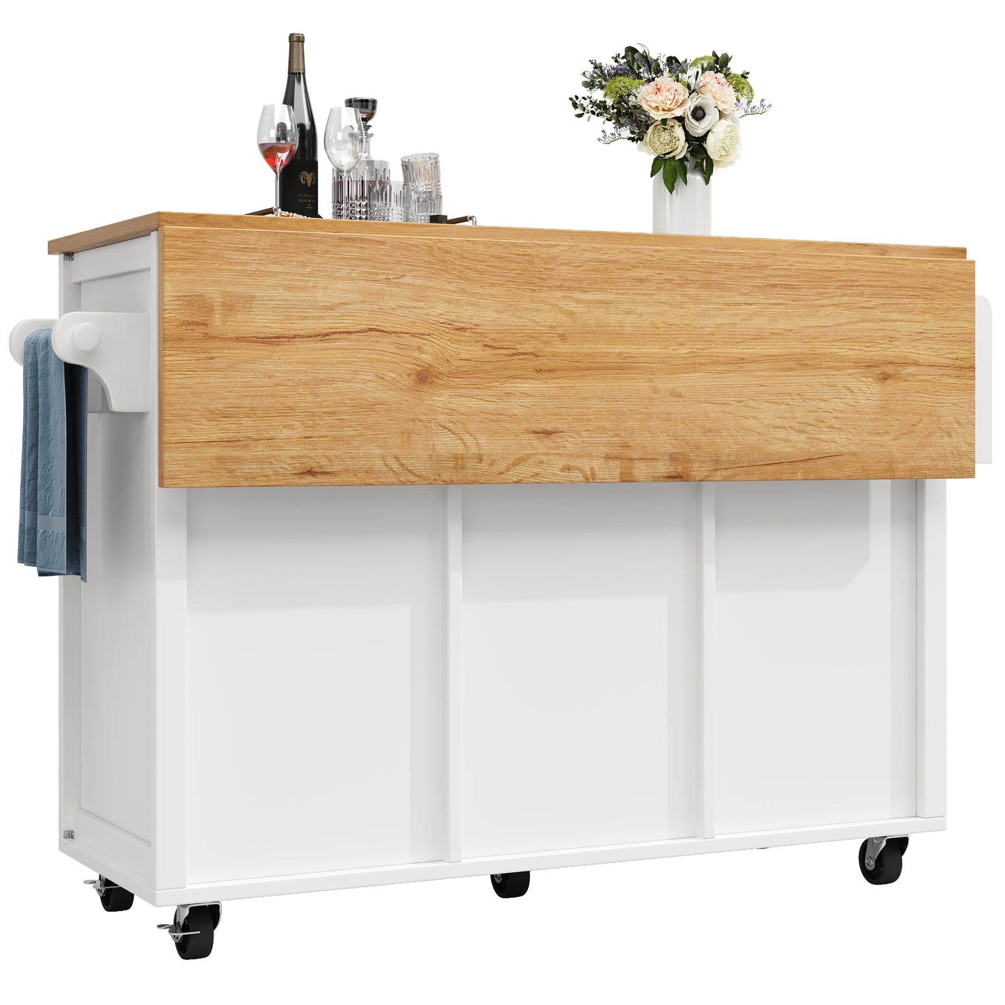 Kücheninsel Buffetschrank 120x73x92cm Küchenwagen mit klappbarer Arbeitsplatte Gewürzregal Weinregal und verstellbaren Ablagen Weiß