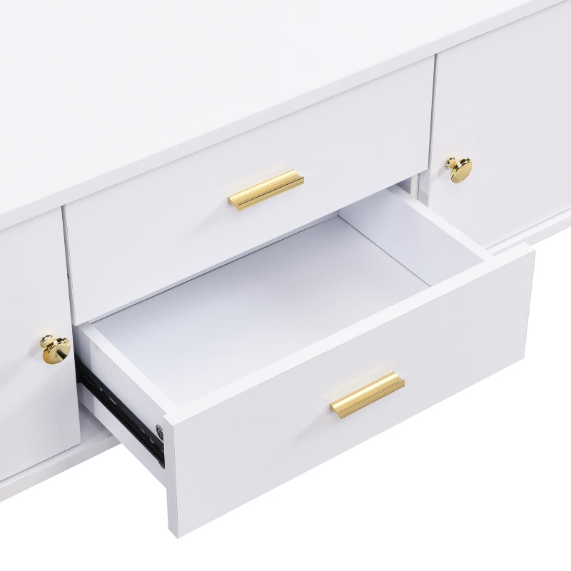 TV-Schrank mit Schubladen, geschwungenen Ecken, Wohnzimmer-TV-Schrank mit gewellten Seiten, goldenen Griffen und Beinen