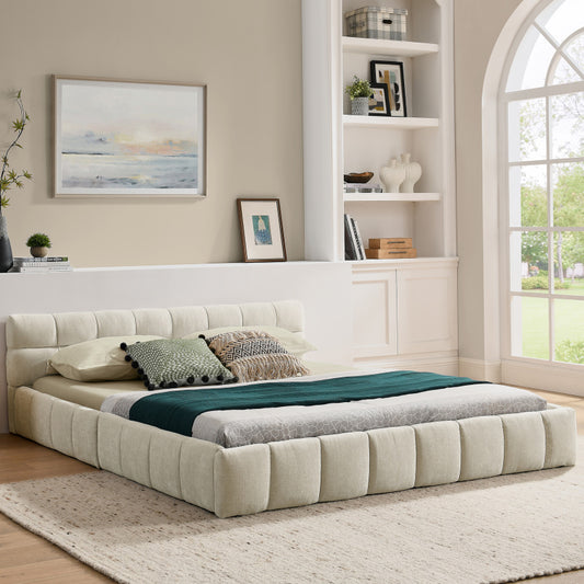 Doppelbett 140x200 cm, Bett mit seidig weichem Chenille - Bezug, quadratischem Steppdesign, Beige (ohne Matratze)