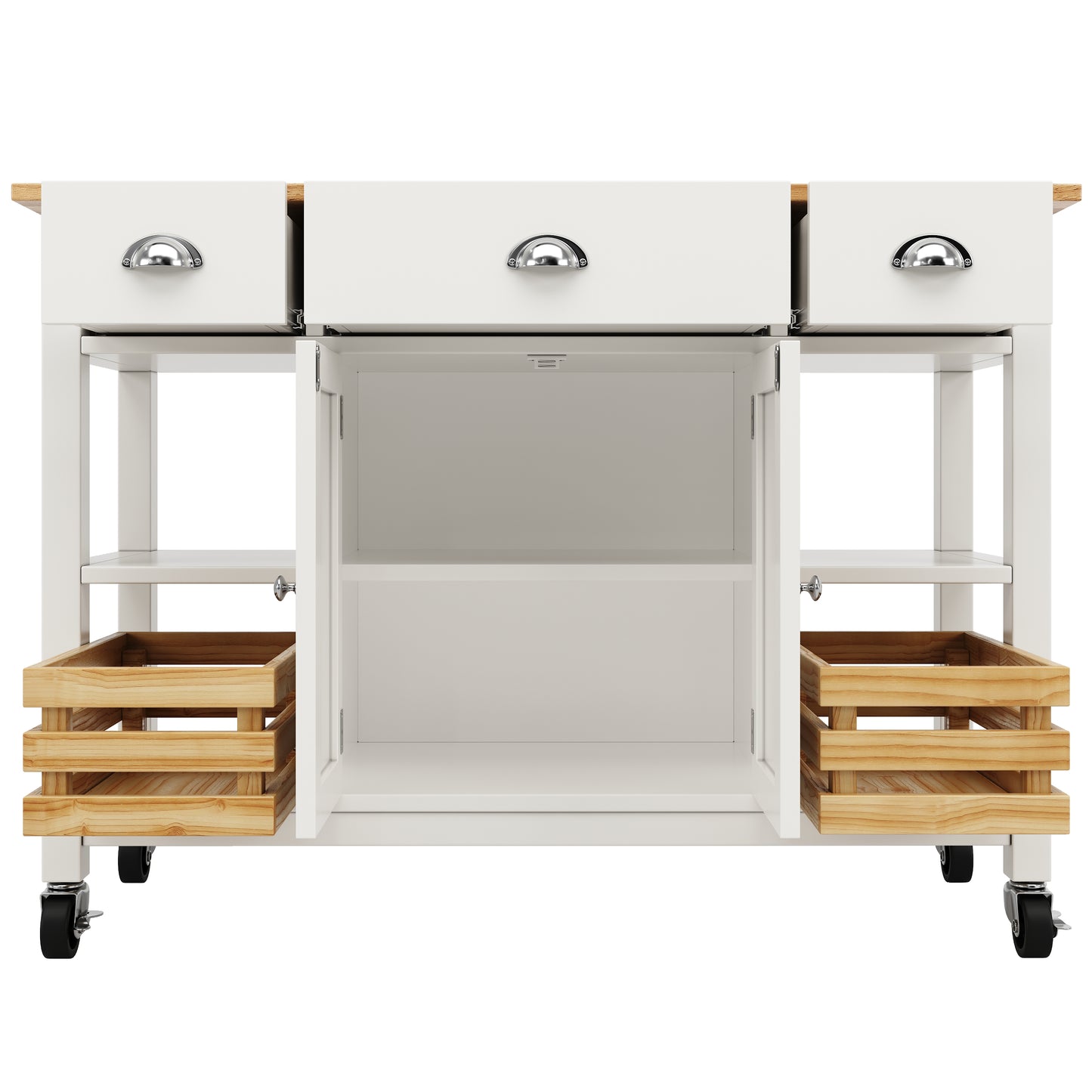 Moderne Kücheninsel Küchenschrank 120x45x90cm Esszimmerwagen mit Kiefernkorb Multifunktions Esstisch Holzmaserung Aufbewahrungskorb Weiß