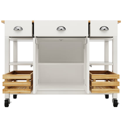 Moderne Kücheninsel Küchenschrank 120x45x90cm Esszimmerwagen mit Kiefernkorb Multifunktions Esstisch Holzmaserung Aufbewahrungskorb Weiß