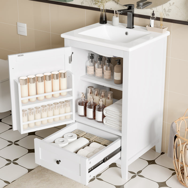 51x46x85cm Bodenstehender Badezimmerschrank mit Waschbe, Waschtisch,komplett lackiert, Türablage, geräuschlose Schublade mit großem Fassungsvermögen, verstellbares Regal, Keramikwaschbecken, weiß