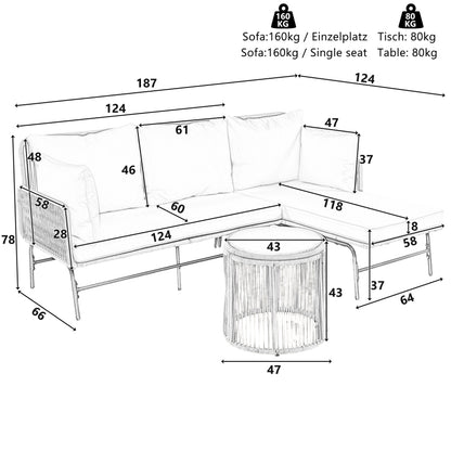 Gartenlounge-Set, Gartenmöbel-Set, Gartenlounge mit Eisengestell und beigem Seilbezug, Gartenmöbel aus gewebtem Seil für den Außenbereich, L-förmiges Gesprächsset mit Tisch, Beige