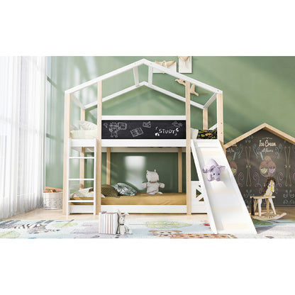 Kinderbett Baumhaus mit Rutsche & Leiter 90 x 200 cm, Hochbett für Kinder– 2x Lattenrost- Natur & Weiß