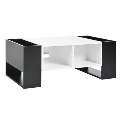Moderner Couchtisch 105 x 60 x 40,5 cm – Schwarz-Weiß-Design mit hochglänzender Oberfläche, Schublade und 4 offenen Fächern
