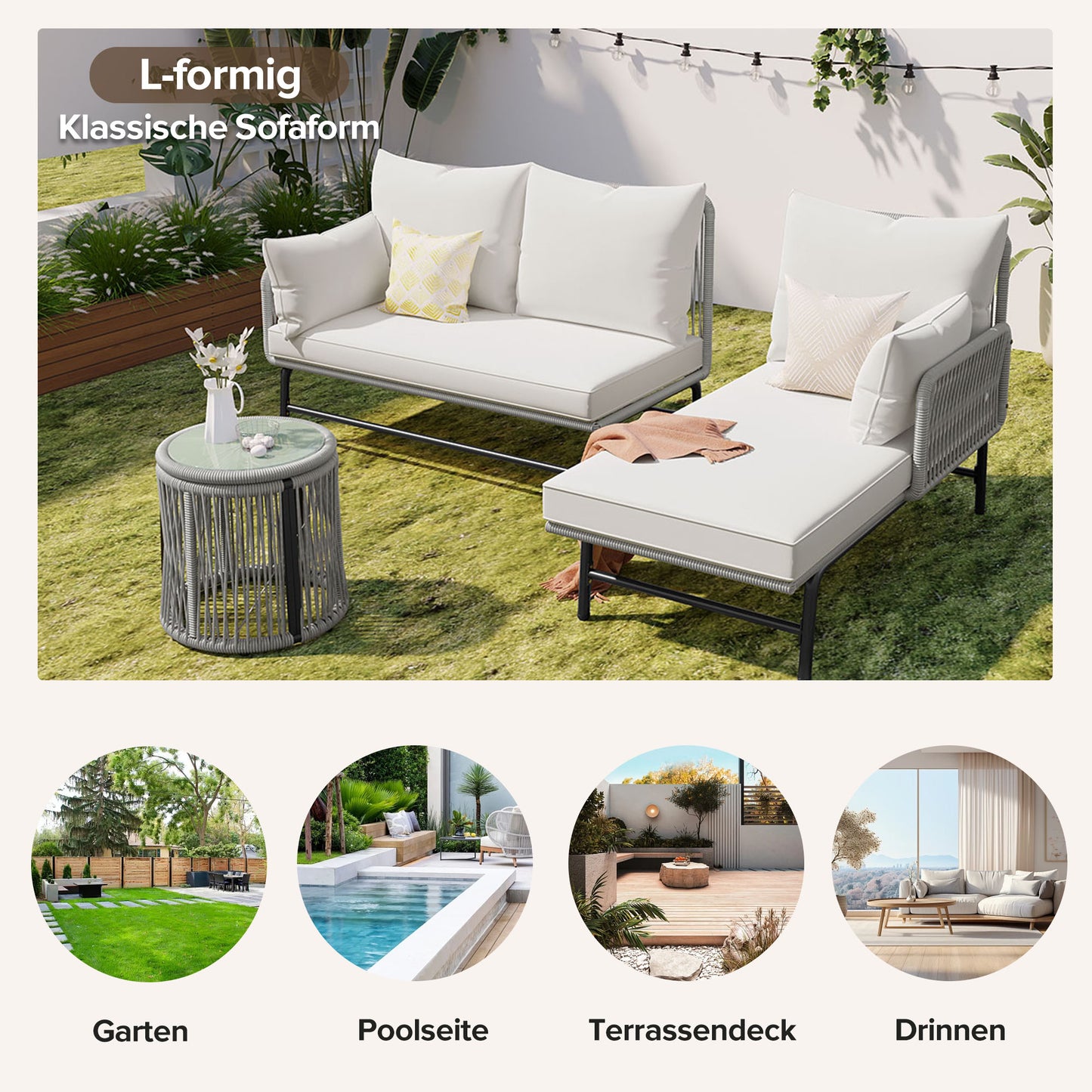 Gartenlounge-Set, Gartenmöbel-Set, Mit Eisenrahmen und grauem Seil, Gartenmöbel aus gewebtem Seil für den Außenbereich, Grau, Zwei Sessel, zwei 2-Sitzer-Sofas und zwei Tische (alle Kissen inklusive)