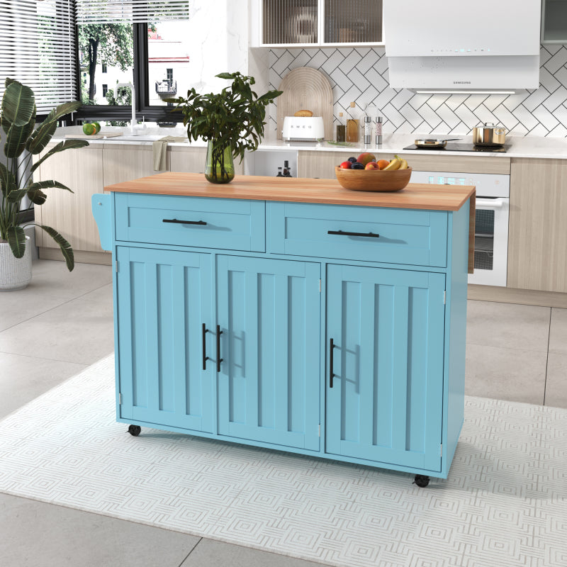 129x46(71)x91,5 cm großer Speisewagen/Sideboard, Arbeitsplatte mit Massivholzmaserung + blauer Schrank/faltbare Arbeitsplatte/Aufbewahrungstür-Design/Räder/Massivholzfüße umschaltbar/für Zuhause geeig