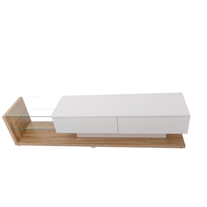 TV-Schränke, Lowboards, Kombination aus Hochglanzweiß und Holzfarben. Glastrennwände und variable LED-Beleuchtung. Es kombiniert natürlichen Landhausstil mit modernem Design.