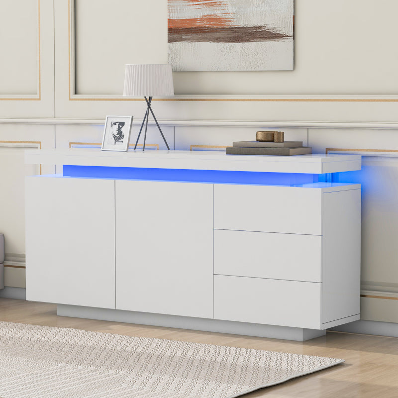 Sideboard Schrank Modern Wohnzimmer Beistellschrank Standschrank Kommode Highboard Anrichte Möbel 2 Türen 3 Schubladen Hochglanz Sideboard mit LED Licht Grifflose 140x35x72.5cm - Weiß